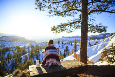 Rückansicht eines Wanderers mit Schal, der auf einem Berg sitzt und die Aussicht im Winter betrachtet - CAVF15330