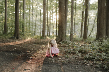 Full length of girl picking leaves while crouching on field in forest - CAVF15586