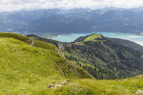 Österreich, Salzkammergut, Blick vom Schafberg zum Wolfgangsee, lizenzfreies Stockfoto