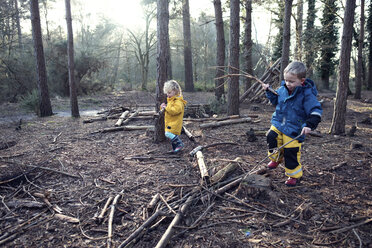 Geschwister spielen mit Stöcken im Wald - CAVF15671