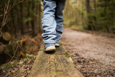 Niedriger Ausschnitt eines Jungen, der im Wald auf Holz läuft - CAVF15790