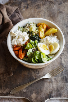 Lunch Bowl with baked potato and carrot, herbed curd cheese, salad, mangold, feta and boiled egg - EVGF03317