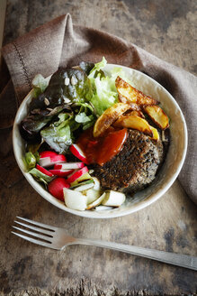 Vegetarian Bowl with salad, mushroom lentil fritters, country potatoes and salsa - EVGF03320