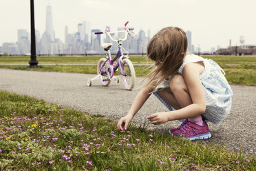 Girl picking flowers on field with skyline in background - CAVF15979