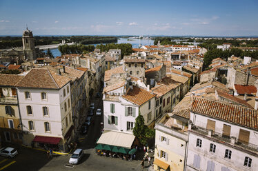 High angle view of buildings in town against sky - CAVF16095