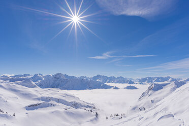 Germany, Allgaeu Alps, panoramic view from Zeigersattel to cloud-covered Seealpsee with Hoefats in the background - WGF01171