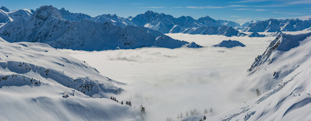 Germany, Allgaeu Alps, panoramic view from Zeigersattel to cloud-covered Seealpsee with Hoefats in the background - WGF01173