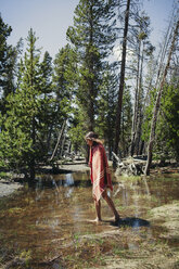 In eine Decke eingewickelte Frau, die auf einer nassen Wiese vor Bäumen im Yellowstone-Nationalpark spazieren geht - CAVF16725