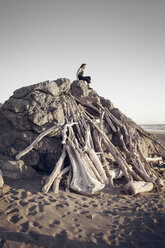 Frau sitzt auf einer Felsformation am Strand gegen den klaren Himmel - CAVF16868