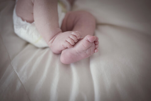 Niedriger Ausschnitt eines Babys - zu Hause auf dem Bett liegend - CAVF17427