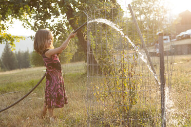 Girl in dress watering tree with hose in sunny, summer yard - CAIF20197