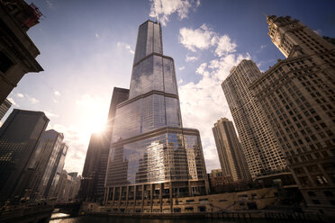 Low angle view of Wrigley Building by trump international hotel and tower - CAVF17818