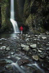 Rückansicht eines Mannes, der auf einen Wasserfall im Wald zugeht - CAVF18213