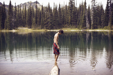 Seitenansicht eines am See stehenden Jungen vor Bäumen - CAVF18228