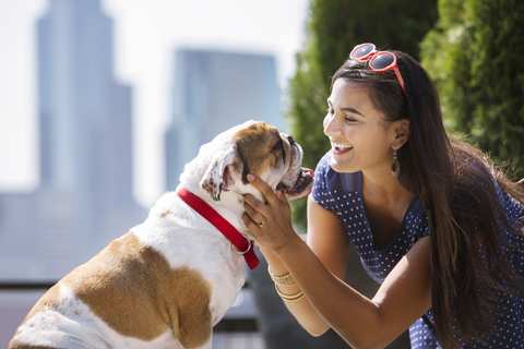 Lächelnde Frau spielt mit Bulldogge an einem sonnigen Tag, lizenzfreies Stockfoto