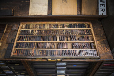 High angle view of alphabets and numbers letterpress at workshop - CAVF18971