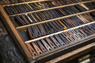 Close-up of alphabets and numbers letterpress in tray at workshop - CAVF18972