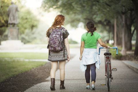 Rear view of friends walking with bicycle on footpath stock photo