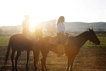 Female teenagers sitting on horseback against clear sky - CAVF19429