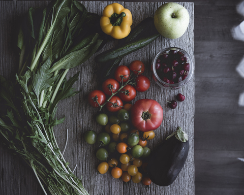 Overhead view of fruits and vegetables on table stock photo