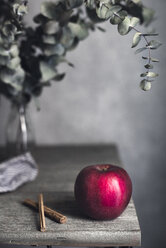Apfel und Zimtschnecken in einer Vase auf einem Holztisch - CAVF19563