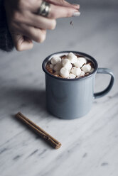 Cropped image of woman sprinkling cocoa powder on hot chocolate marshmallow mug - CAVF19633