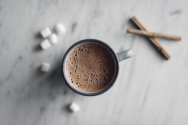 Overhead view of frothy hot chocolate in mug with marshmallows and cinnamon on table - CAVF19634