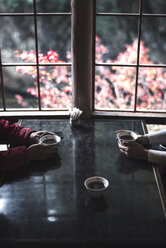 Cropped image of couple holding herbal tea cups at table by window - CAVF19639