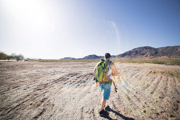 Rear view of hiker walking on field against clear blue sky - CAVF19885