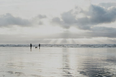 Silhouette Menschen mit Hund von Strand bei Sonnenuntergang - CAVF20489
