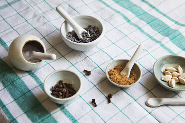 High angle view of spices and sugar on table - CAVF20611