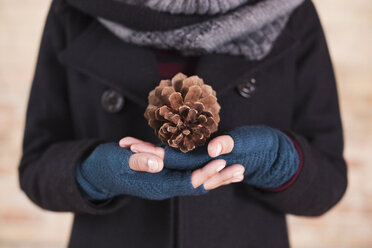 Midsection of woman holding pine cone - CAVF20714