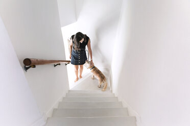 Hoher Blickwinkel der Frau, die einen Hund streichelt, während sie auf einer Treppe steht - CAVF20787
