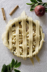 Draufsicht auf einen Apfelkuchen mit Äpfeln und Zimtschnecken auf dem Tisch - CAVF21029