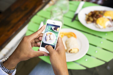 Ausgeschnittenes Bild von Händen, die Essen auf dem Tisch fotografieren - CAVF22213