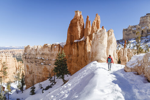 Rear view of hiker walking on snow covered mountain at Bryce Canyon National Park - CAVF22570