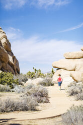 Rear view of female hiker running on road at Joshua Tree National Park during sunny day - CAVF22579