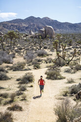 Hohe Winkel Ansicht der weiblichen Wanderer läuft in Joshua Tree National Park während sonnigen Tag - CAVF22580