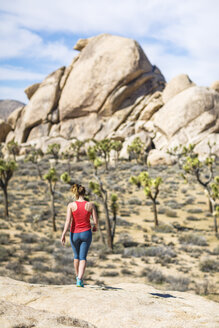 Rear view of female hiker walking at Joshua Tree National Park during sunny day - CAVF22582