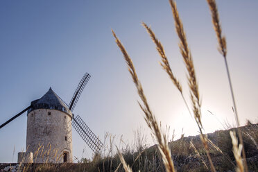 Niedriger Blickwinkel auf eine traditionelle Windmühle bei klarem Himmel - CAVF22697