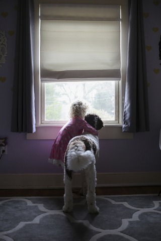 Mädchen mit Hund schaut durch das Fenster zu Hause, lizenzfreies Stockfoto