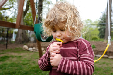 Girl kissing dandelion at yard - CAVF23148