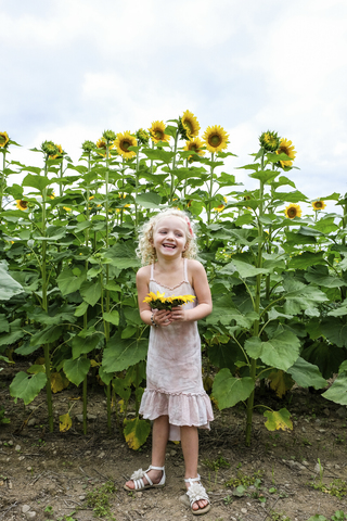 Fröhliches Mädchen, das Sonnenblumen in der Hand hält und sich gegen Pflanzen stemmt, lizenzfreies Stockfoto