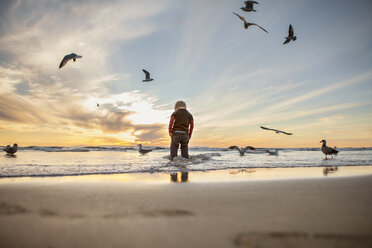 Rear view of girl standing at beach against sky during sunset - CAVF23517