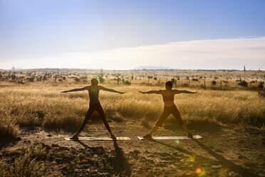 Frauen mit ausgestreckten Armen üben Yoga auf einem Feld gegen den Himmel - CAVF23799