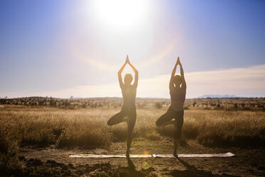 Women practicing yoga in tree pose on field - CAVF23800