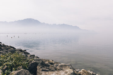 Scenic view of lake by mountain against sky during foggy weather - CAVF24140