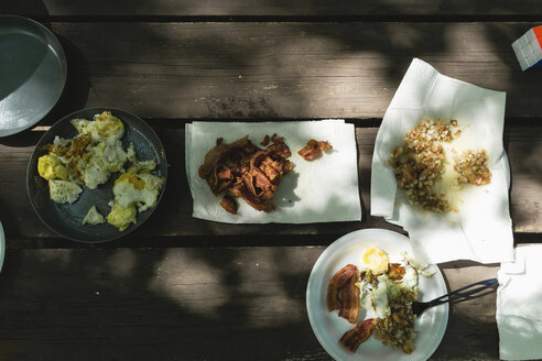 High angle view of food served on wooden table - CAVF24617