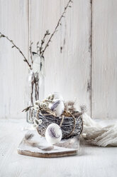 Painted Easter eggs, nest, feathers and willow catkins - SBDF03484