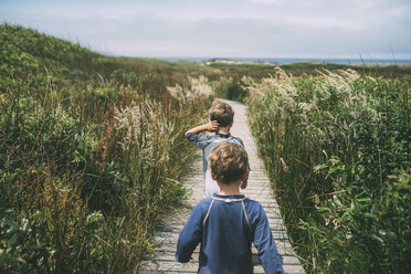 Rear view of brothers walking on boardwalk amidst plants at A_o Nuevo State Park - CAVF24678